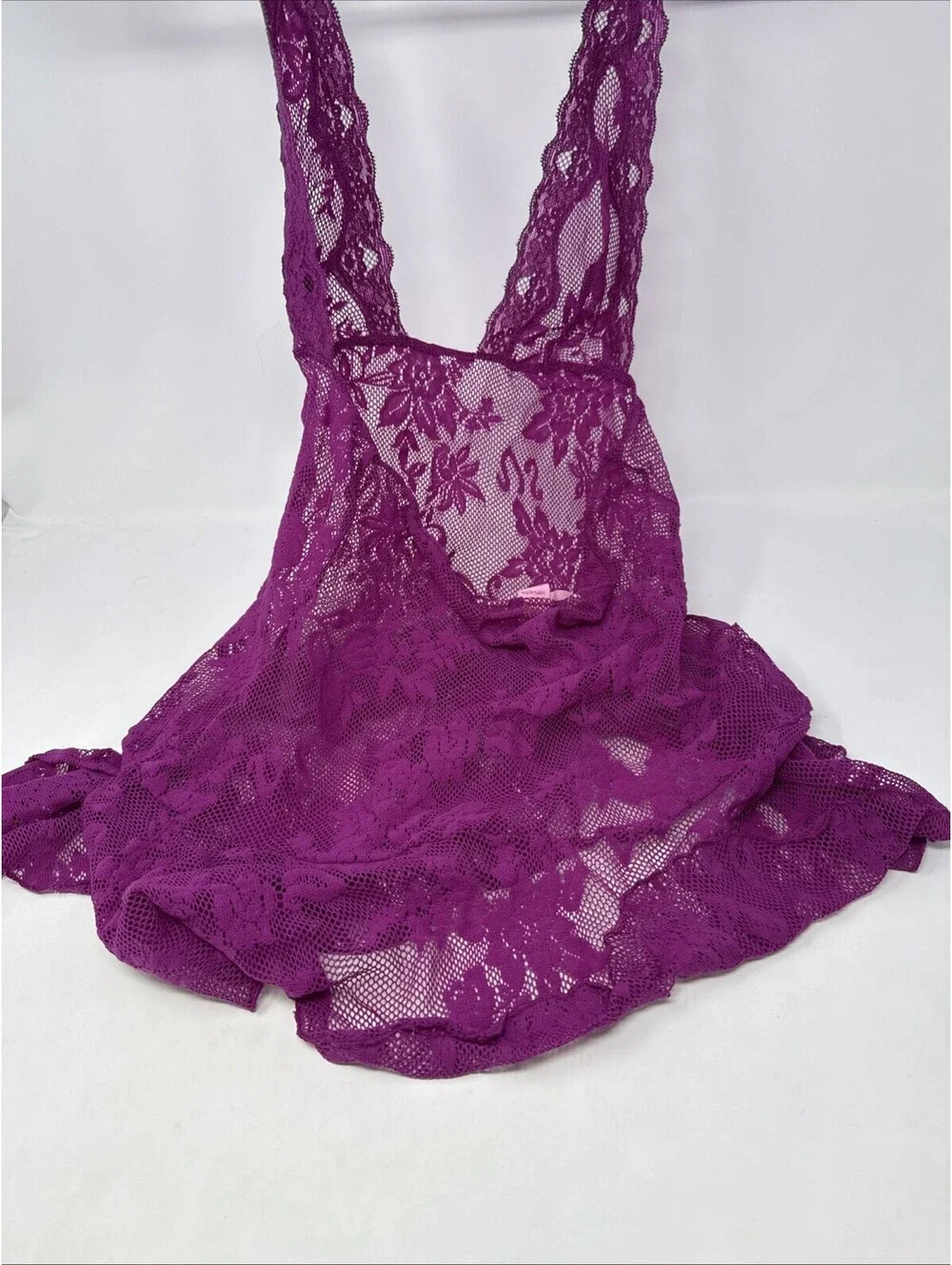Victoria’s Secret Mesh Magenta Fishnet Floral Lace Halter Lingerie Babydoll Sz S
